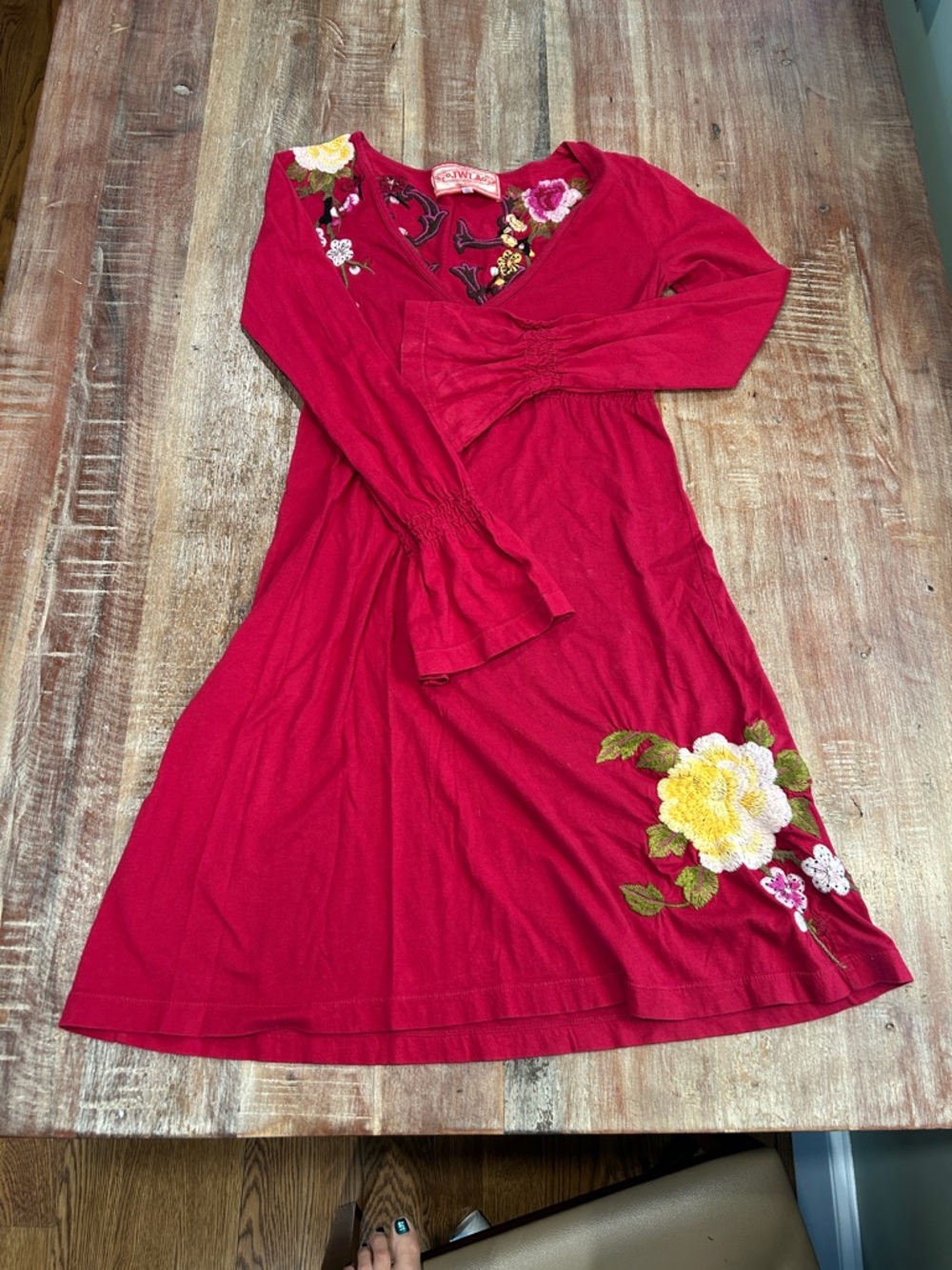 Vintage JWLA Johnny Was Red V-Neck Cotton Jersey Dress with Floral Embroidery